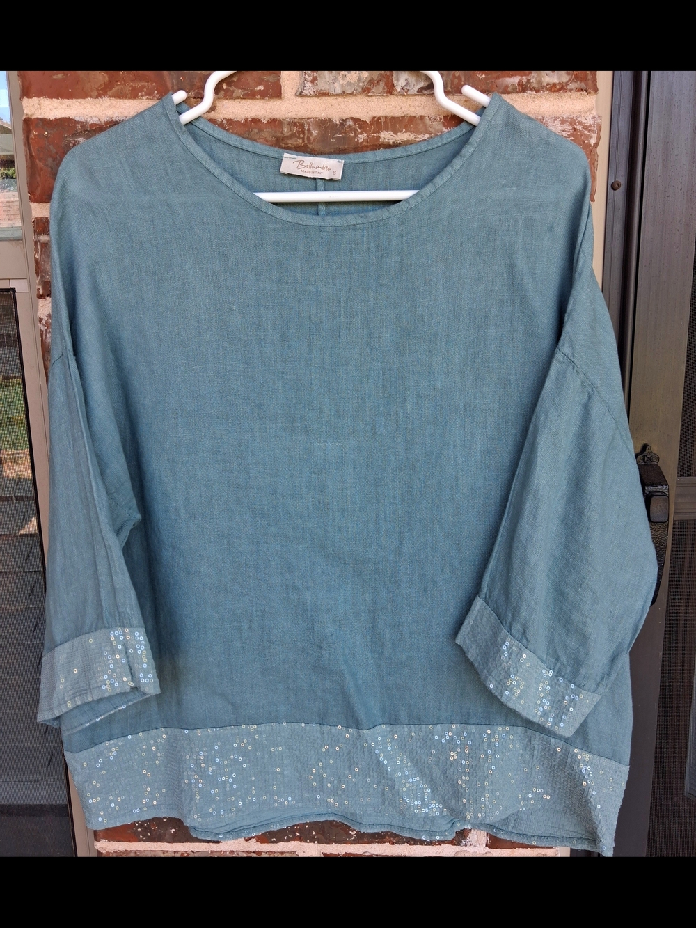 Bella Umbra Teal Sequin-Hem Relaxed Top MADE IN ITALY sz S